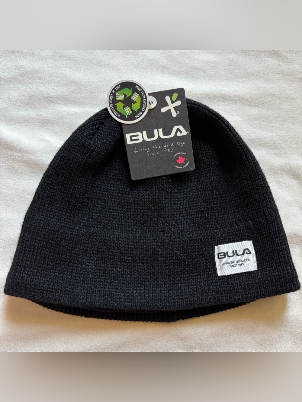 BULA Short Beanie Black Fleece Lined NWT One Size Made in Canada